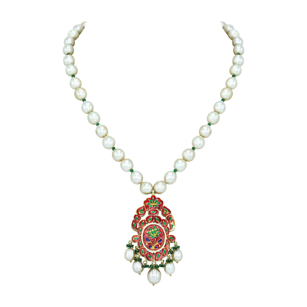 Pearl Strand Necklace with Polki Pendant and Emerald Beads